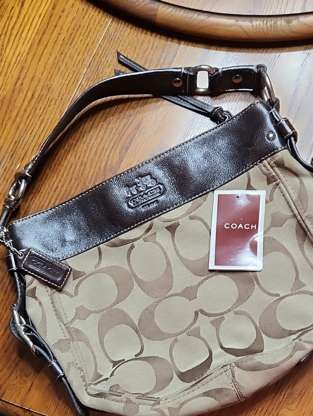 COACH Khaki Canvas and Brown Leather Shoulder Bag/Hobo